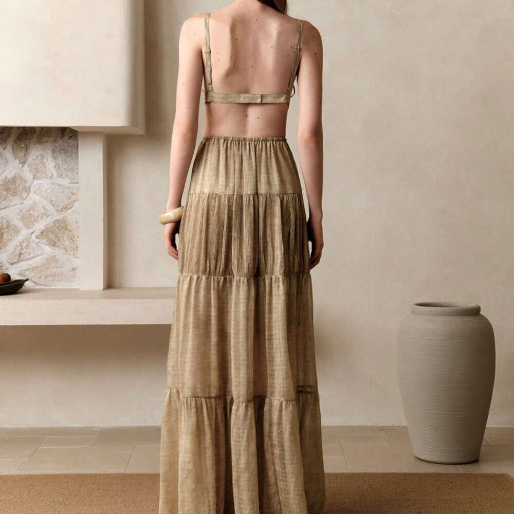 Khaki Casual Women's Tie-Dye Beach Wedding Guest Dress - Picture 2 of 7